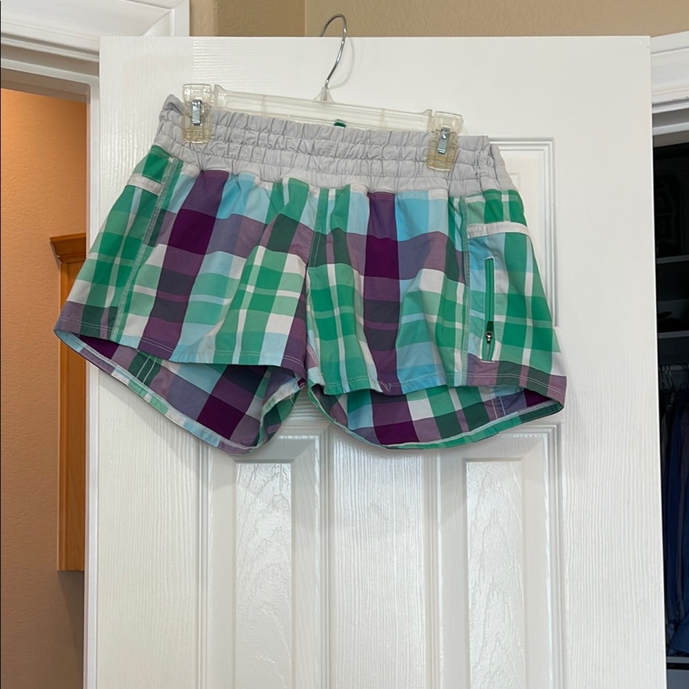 Lulu's Plaid Athletic Shorts in Green, Purple, and Gray